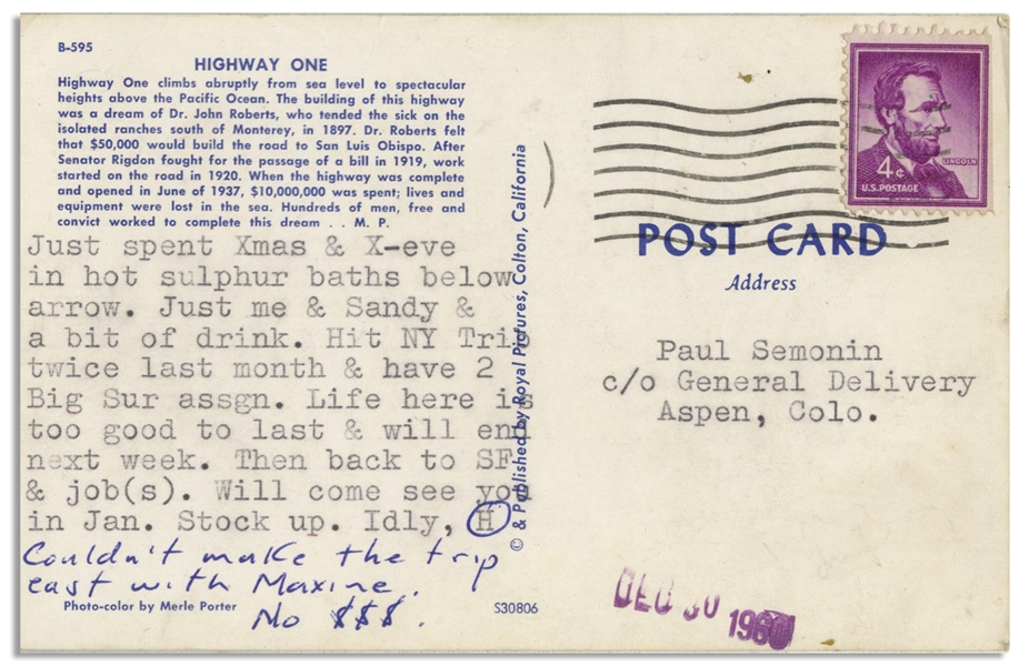 Hunter Thompson Postcard From Big Sur in 1960 -- ''...Just spent Xmas & X-eve in hot sulphur baths...''